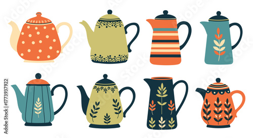 A delightful collection of eight vibrantly colored, hand-drawn teapots and pitchers, featuring charming folk art patterns and polka dots on a white background, perfect for a cozy kitchen design.