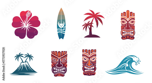 A collection of colorful flat design vector icons showcasing various Hawaiian and tropical symbols like hibiscus, surfboards, palm trees, tiki masks, volcanoes, and ocean waves.