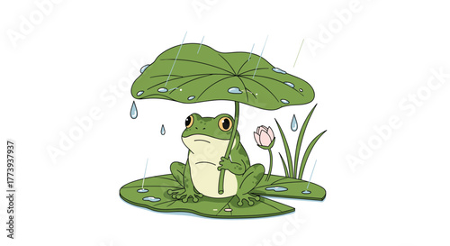 An endearing cartoon illustration of a green frog stoically enduring a light rain shower, sitting on a lily pad and holding another large leaf as a perfectly natural umbrella.