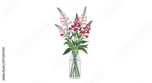 A vibrant bouquet of fresh pink and red bell-shaped flowers, possibly snapdragons or foxgloves, with lush green leaves, arranged neatly in a clear glass vase.