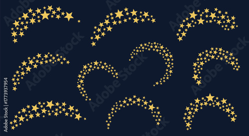 Beautiful golden star patterns arranged in graceful crescent and curved shapes, scattered across a dark blue background, ideal for festive or magical designs.