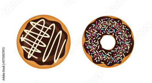 Two delicious chocolate-frosted donuts, one topped with white icing drizzle and the other with colorful sprinkles, presented on a clean white background.