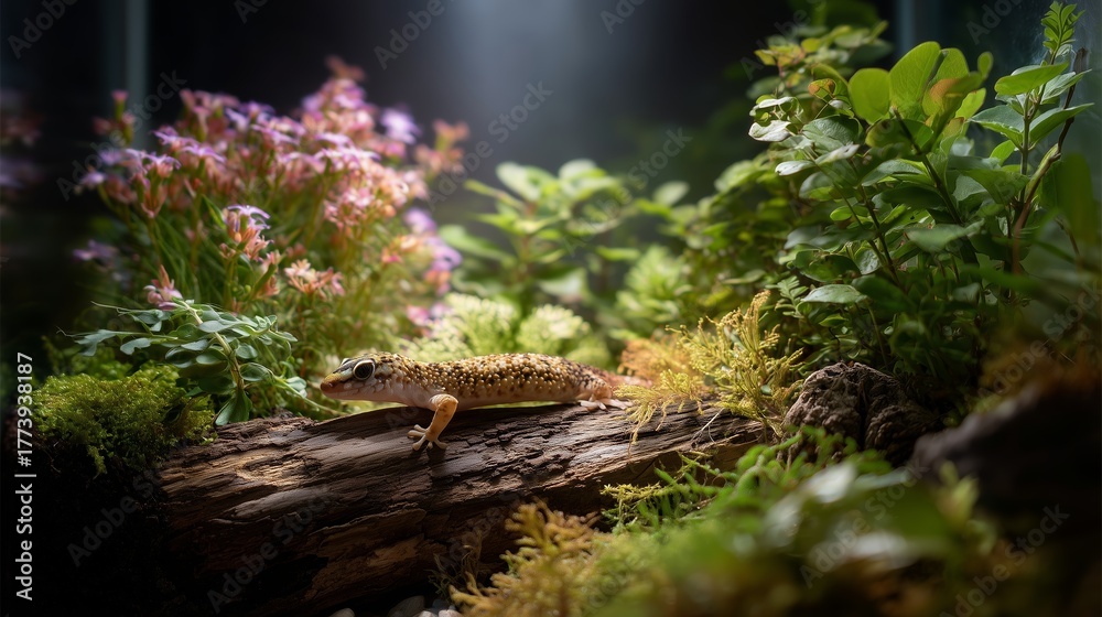 Obraz premium Gecko exploring a lush terrarium filled with vibrant plants and flowers