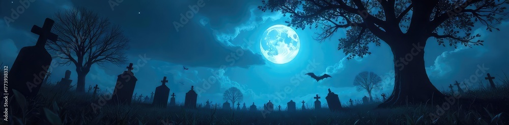 Fototapeta premium A spooky, atmospheric shot of a moonlit graveyard at midnight on Halloween Silhouetted trees and tombstones create a chilling scene perfect for Halloween themes , magic, witchcraft