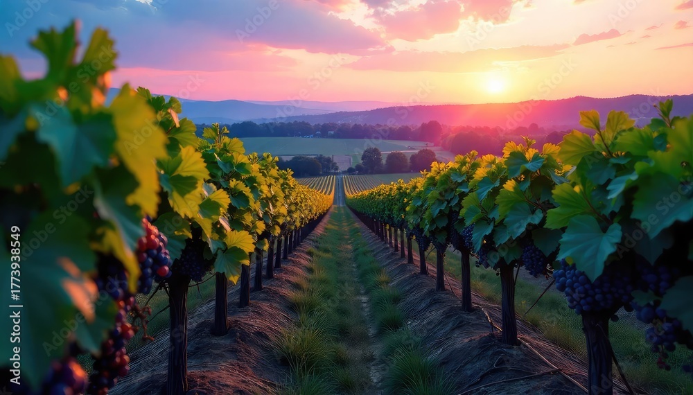 Naklejka premium A stunning view of a vineyard bathed in the soft blue light of twilight, rolling hills in the background, grapevines heavy with ripe fruit , sunset, countryside view, calm