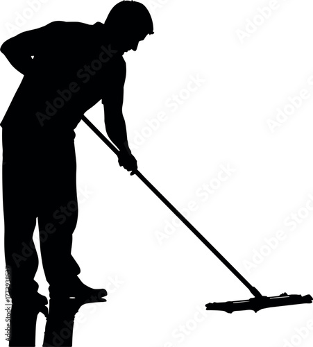 Silhouette of a Janitor Mopping the Floor with a Mop