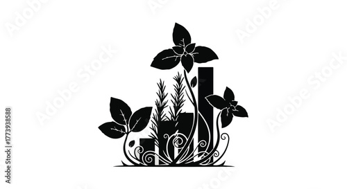 Growth and progress symbolized by flourishing plants and rising bars