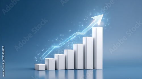 Digital Growth Bar Chart with Glowing Upward Arrow on Blue Background