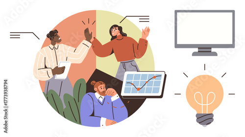 Team members discuss ideas, review data on a graph, high-five in celebration. Nearby are a lightbulb and blank monitor. Ideal for teamwork, innovation, data analysis, creativity, collaboration