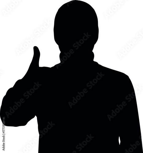 Anonymous person silhouette giving a thumbs up gesture. A black and white vector icon symbolizing approval, positivity, agreement, and success