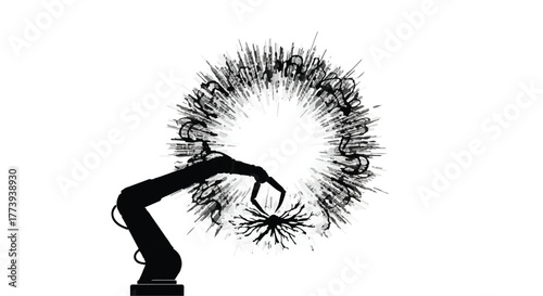 Robotic arm creating energetic bursts of abstract light and particles on white background