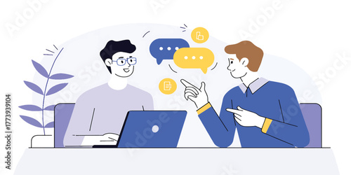 Two colleagues in a business meeting discussing financial matters and strategy at a desk