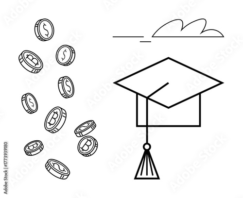 Graduation cap with tassel next to falling coins suggesting financial investment in education. Ideal for learning, career growth, wealth, success, achievement, education savings, simple flat metaphor