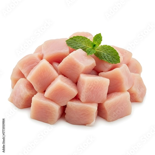 Pile of fresh raw chicken breast cubes garnished with mint leaves
