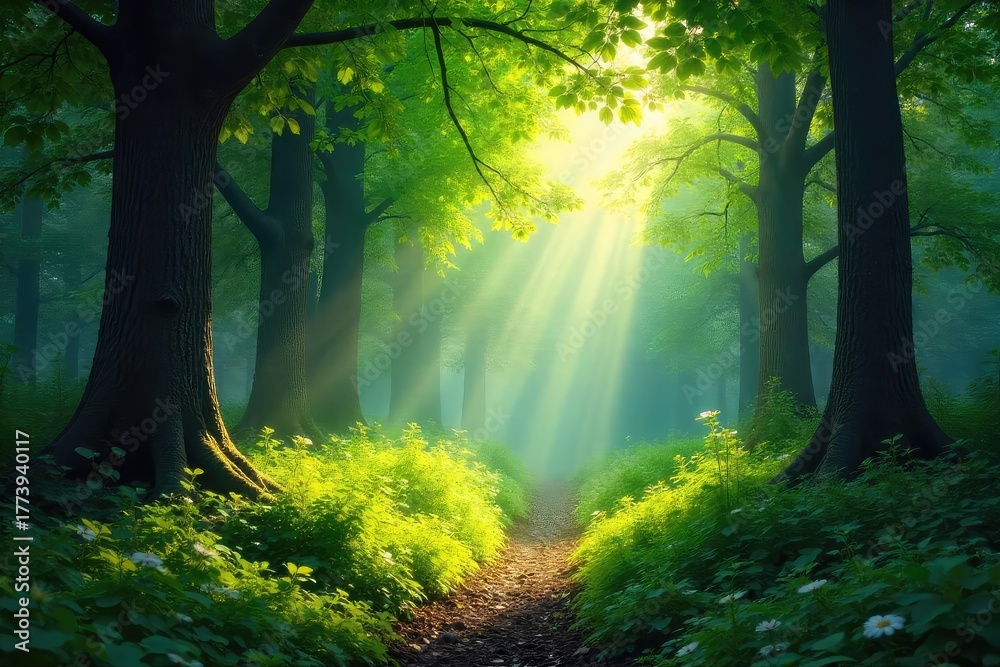 Obraz premium Sunlight dapples through the leaves of a lush, green forest, illuminating the forest floor and creating a magical atmosphere Perfect for nature, environment, and ecology themes , conservation, light