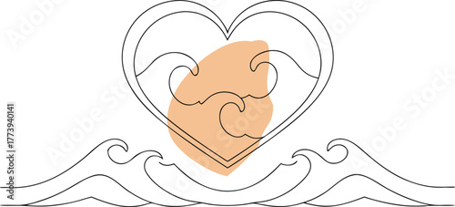 Heart shape with ocean waves and peach blob water