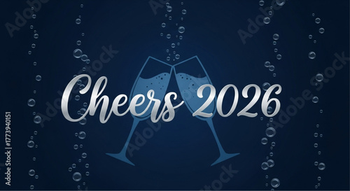 Festive toast with sparkling champagne glasses and celebratory text in the year 2026, set against a backdrop of effervescent bubbles, embodying joy, and optimism. vector illustration