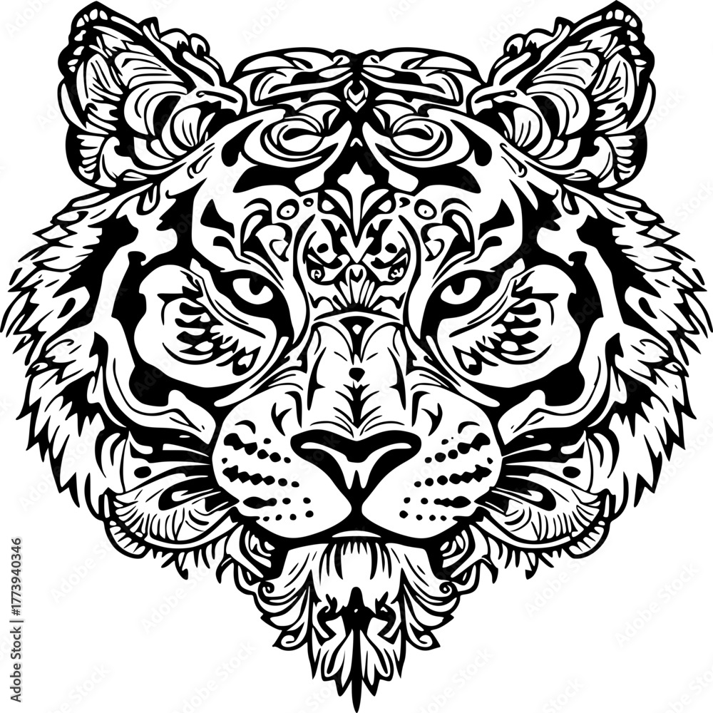Fototapeta premium Tiger Ornament: Intricate artwork showcases a tiger's majestic face, a symphony of swirling patterns in black and white, exuding both power and artistic elegance.