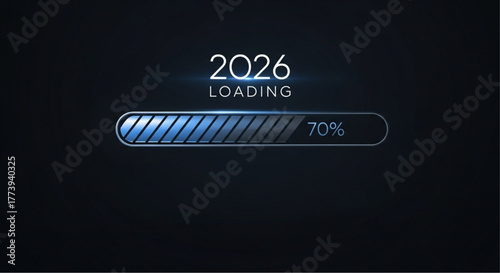 The year 2026 is loading, with a progress bar nearing completion, symbolizes anticipation and the forward march of time, offering a futuristic vision. vector illustration