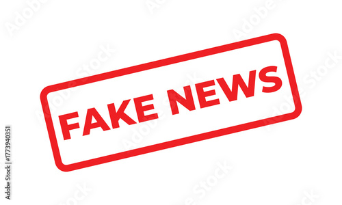 Red rectangular stamp with the words “FAKE NEWS” in bold uppercase letters on a white background, representing misinformation, disinformation, hoax, and media warning concept for awareness use.