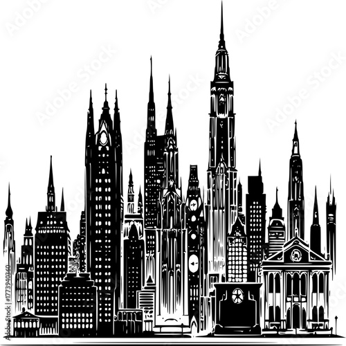 Urban Silhouette: An abstract representation of a cityscape featuring iconic architectural landmarks against a monotone background, highlighting the towering skyscrapers and structures.