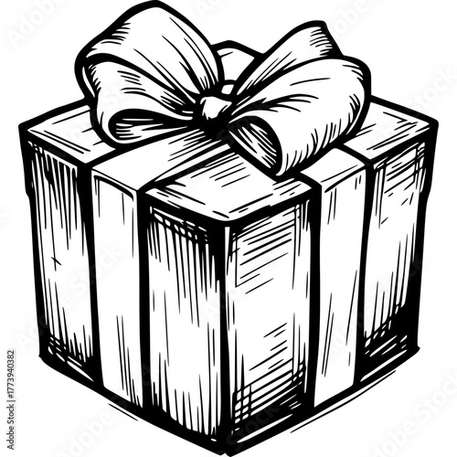 Wrapped Present Illustration: A detailed pen-and-ink drawing of a wrapped present, complete with a beautifully tied bow, perfect for conveying the spirit of gift-giving and special occasions.