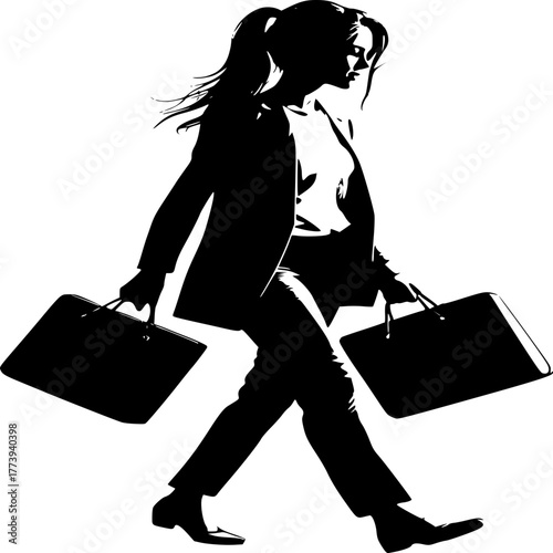Businesswoman Silhouette: A determined businesswoman strides purposefully, her silhouette exuding confidence and ambition as she carries briefcase. 