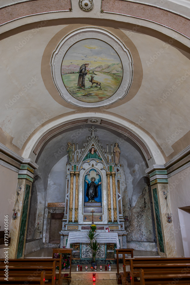 Fototapeta premium Villalago, Hermitage of San Domenico. Built near the lake of San Domenico in the 11th century, as a votive chapel in a natural cave considered sacred.
