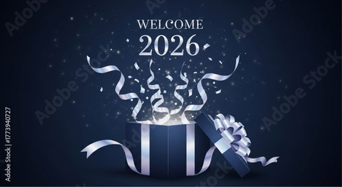 A festive visual celebration of the new year, a beautifully presented gift box. The year 2026 emerges, symbolizing new beginnings, hope, and the excitement of the future. vector illustration