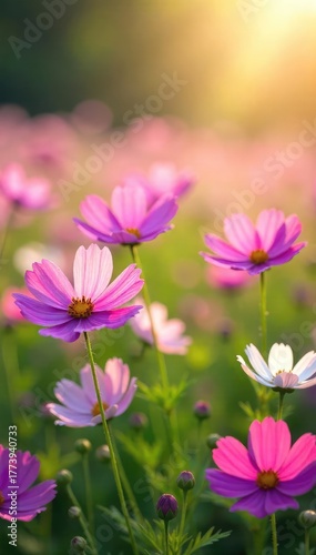 Vibrant cosmos flowers in a field, bathed in soft sunlight Delicate petals in shades of pink, white, and purple sway gently in the breeze A picturesque summer scene , macro, white, botany