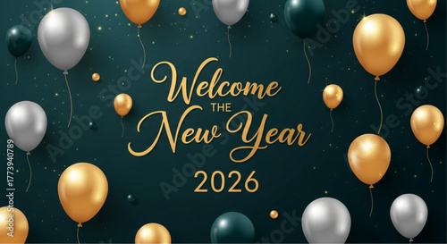 A festive scene adorned with balloons spells out a warm welcome for the New Year. vector illustration