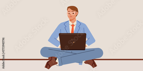 Man in Suit Working on Laptop Computer Sitting Cross-legged
