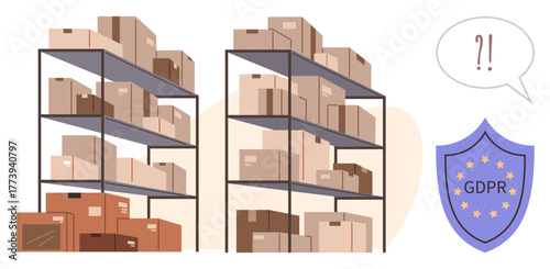 Cardboard boxes organized on metal shelves, GDPR compliance shield icon, and a question mark speech bubble. Ideal for data security, privacy, organization, compliance, regulations, storage logistics