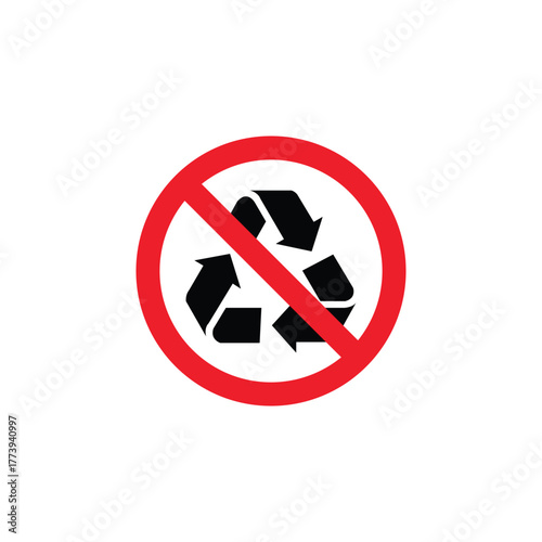 Black recycle symbol crossed out with a red prohibition circle on a white background, representing non recyclable material, waste restriction, environmental warning, or disposal instruction concept.