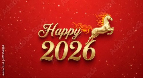 A vibrant graphic design of Happy 2026 written with golden fonts and a running horse which is perfect for new year greetings and celebration, set against a rich red background. vector illustration