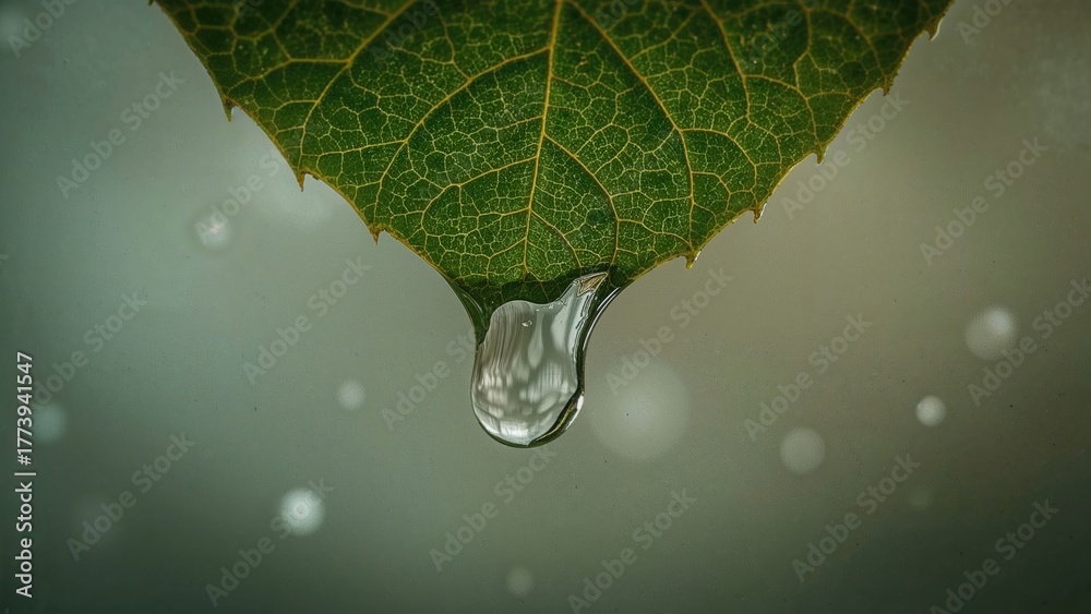 Fototapeta premium Close-up of a leaf with a water droplet hanging from the tip, showcasing nature's detail and freshness.