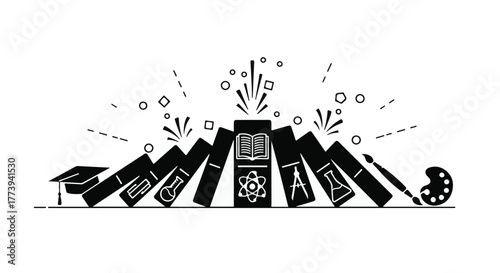 A cascade of knowledge: books, science, and art merge into a vibrant display of learning and creativity.