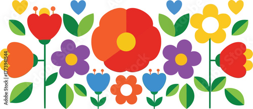 Vibrant folk art floral arrangement with red orange purple yellow blue flowers and green leaves