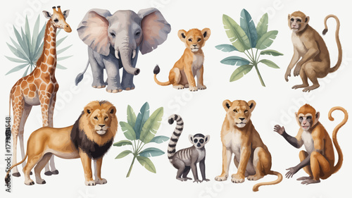 Colorful vector wildlife scene with giraffe, elephant family, playful monkeys, lion couple, and lemur surrounded by tropical foliage, palm fronds, and greenery, suitable for nature 
