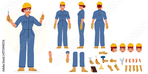 Mechanic Woman Character with Tools and Spare Parts in Different Poses