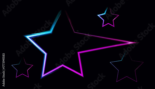 Neon glowing stars in vibrant blue and purple hues on black