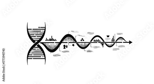 Abstract representation of a DNA helix transforming into a wave of interconnected knowledge and progress.