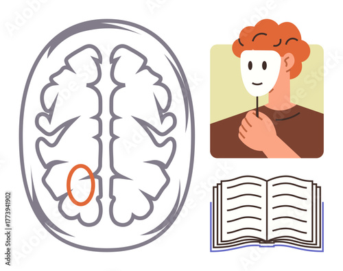 Brain diagram with highlighted area, person holding mask, and open book. Ideal for neuroscience, psychology, education, identity, self-awareness research cognitive learning. Simple flat metaphor