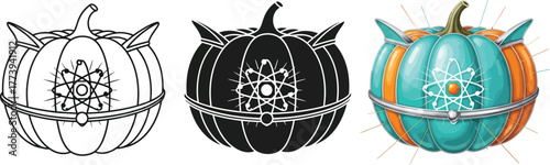 Set of futuristic pumpkin icons vector illustration in outline silhouette and color for Halloween or science fiction themes