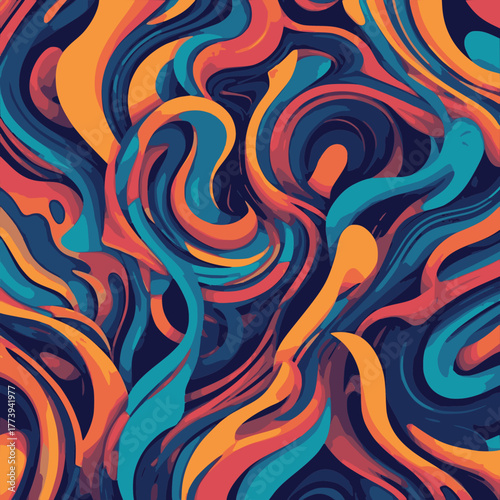 Vibrant abstract swirling pattern with fluid waves and organic shapes in a psychedelic color palette of orange, teal, pink, and dark blue, creating a dynamic and energetic visual