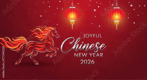 Festive image for a joyous Chinese New Year  2026 celebration featuring a vibrant horse in motion. A vivid and symbolic representation of a lunar new year. vector illustration