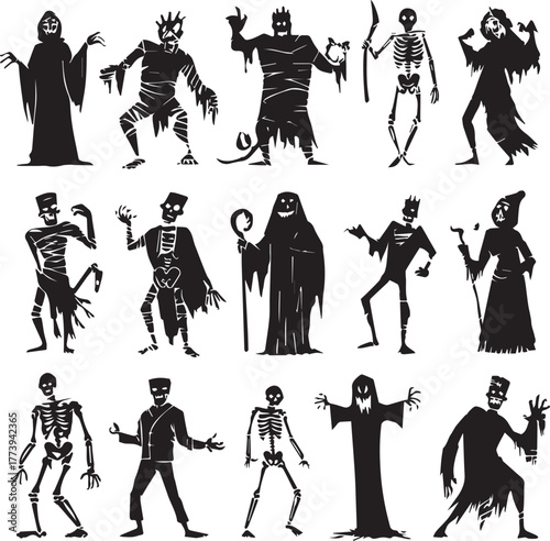 Halloween Monsters Silhouette Vector Set – Vampire, Zombie, Skeleton, and Ghost Icons
