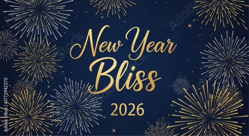 The captivating scene features a New Year's Bliss 2026, set against a background of sparkling fireworks. Capturing the essence of new beginnings and joyous celebrations. vector illustration
