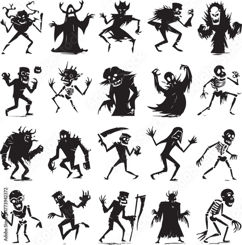 Halloween Monsters Silhouette Vector Set – Vampire, Zombie, Skeleton, and Ghost Icons