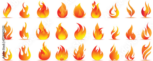 Stock vector set of fire flame icons and symbols for logo design, a hot and dangerous burning collection of orange and yellow elements showing heat, power, and light